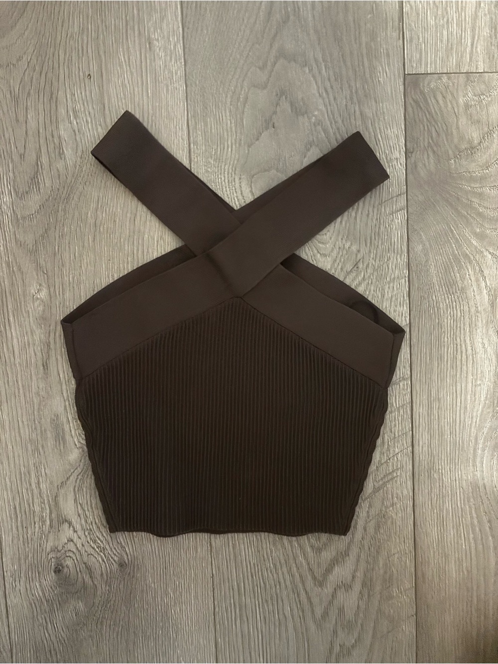 Babaton Dark Brown Ribbed Cross-Back Crop Top